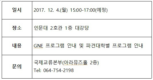 2018학년도 1학기 해외파견 GNE 프로그램 설명회 개최 안내