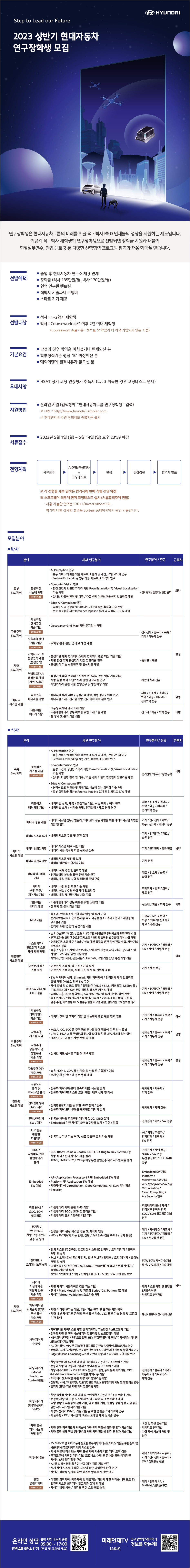 [현대자동차] 2023 상반기 현대자동차 연구장학생/계약학과 모집 (~5/14)